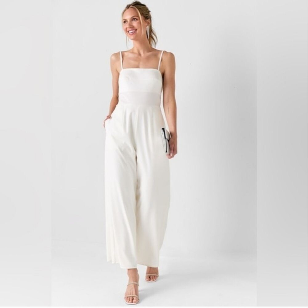 Trixxi Jumpsuit, Ivory Cream, Tie Back, Zipper Waist, Spaghetti Straps, Medium